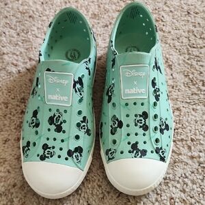 Native Shoes Green and White Sneakers with Mickey Mouse Print